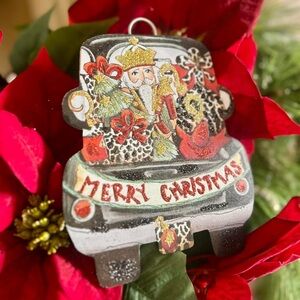 Santa Nutcracker in Black Truck Metal Charm with Leopard Packages